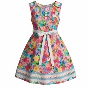 Floral Dress with Lace Trim and Ribbon Bow Size 2T